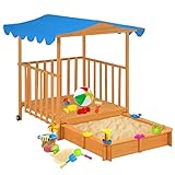 ECLAY Kinderspielhaus mit Sandkasten, Tannenholz, blau, UV50, Outdoor-Spielausrüstung, Sandkästen