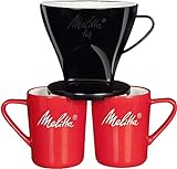 Melitta Kaffee-Set, Kaffeehalter für Filtertüten und Porzellan-Tassen (2 Stück), Kaffeefilter 1x4 Standard, Kunststoff und Porzellan, Schwarz und Rot, 217939