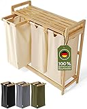 AMBIAVO® Wäschekorb 3 Fächer [beige, 100% Baumwolle, Bambus, 90 l Volumen] | Wäschesammler für Schmutzwäsche| Wäsche Sortiersystem | Wäschesortierer Holz | Wäschebox | laundry baskets