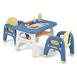 DREAMADE Kindertisch mit 2 Stühlen in Dinosaurierform, Kinder Tisch Stuhl Set mit Ablagefach, Kindermöbel Set, Kindersitzgruppe mit Bausteinen für Kinder 1-5 Jahre (Blau, 2 Stühle+1 Tisch)