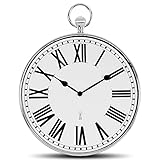 Design Wanduhr - Style Taschenuhr Vintage - Große römische Zahlen - Leicht lesbar - Funkgesteuert - Ø 30 CM - Für Küche, Wohnzimmer, Schlafzimmer - Silberfarben