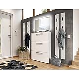 Lomadox Garderoben Komplett Set in weiß, 6-teilige Flurgarderobe mit 100cm Schuhschrank & LED-Spiegel, 4 Garderobenpaneele