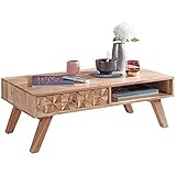 FineBuy Couchtisch Rewa 95x35x50 cm Akazie Massivholz Sofatisch | Design Wohnzimmertisch mit Schublade | Stubentisch Landhaus braun | Designer Holztisch Kaffeetisch massiv | Tisch Wohnzimmer modern