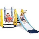 3 in 1 Kinder Spielplatz, Kinderrutsche Schaukel, Kinderspielplatz Schaukel und Rutsche, Multifunktionales Kinder-Schaukel-Set, mit 150 cm Rutsche, Schaukel und Basketballkorb, Indoor und Outdoor