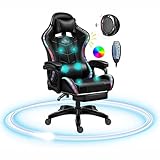 Video Gaming Stühle mit LED Licht, Bluetooth Lautsprecher Computerstuhl mit voller Massage Lordosenstütze, ergonomischer Pro Gaming Stuhl für versenkbare Fußstütze und Rückenlehne,Schwarz