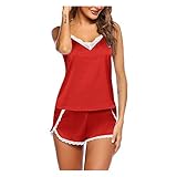 Vimoli Damen Schlafanzug Hausanzug Satin Pyjama Kurz Hose Set Nachtwäsche Camisole mit Shorts Träger Sleepshirt Einfarbig Nachthemd Ärmellos Negligee Loose Sleepwear Bequem Zweiteiliger(B Rot,XXL)