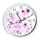 CreaDesign, WU-30-1030-02 Sterne Rosa Wanduhr für Kinderzimmer, lautloses Uhrwerk ohne Ticken, personalisierbar mit Namen, Rahmen weiß, Durchmesser 19,5 cm