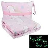 Travel-Wizz Kuscheldecke Kinder Mädchen und Reisekissen mit Einhorn-Motiv Decke Kuscheldecke Mädchen Kuscheldecke flauschig Kinder Kuscheldecke Glow in The Dark Tagesdecke rosa Decke