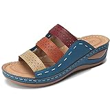 Damen Vintage Boho Wedge Orthesen Sandalen Hausschuhe, Lässig Elegante Sommer Hausschuhe Orthesen Flache Flip Flops (4.5,Blue)
