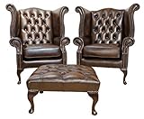 JVmoebel Chesterfield Leder Sessel Set Garnitur Ohrensessel x 2 + Hocker Garnitur Leder