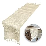 Rechteckige Tischläufer Boho 24*200cm Tischläufer Beige mit Quasten Gewebte Häkelspitze Tischläufer für rustikale Boho Hochzeit Dekor Braut & Baby Dusche Dekoration Vintage Bauernhaus Tabletop Dekor