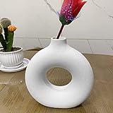 Keramik Vase Weiss Rund Blumenvase Moderne Kunst Nordic Vase Weiß Handmade Donut Vase für Pampasgras Getrocknete Blumenvasen Home Office Dekoration-18cmx19cm