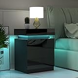 Rechebon Hochglanz-Nachttisch, Nachttisch mit 3 Schubladen Schlafzimmer-Nachttisch mit 16-farbigem Lichtstreifen, Nachttisch Schwarz
