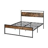 HOMYLIN Doppelbettgestell aus Metall mit robustem Lattenrost und Kopf- und Fußteil, Contemporary Adult, Walnuss
