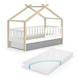 VitaliSpa Kinderbett Hausbett Einzelbett Design modern Kinderzimmer Bett Massivholz Lattenrost Schublade Rausfallschutz Schubladenbett (Weiß-Grau-Natur, 80x160 cm mit Matratze)
