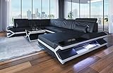 XXL Sofa Wohnlandschaft Napoli als Ledersofa in U-Form Couch mit LED-Beleuchtung und Kopfstützen (Ottomane rechts, Schwarz-Weiß)