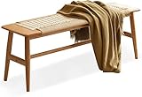WENNEWU Rattan Bank 100% Fest Eichenholzbank Handgewebtes Design Rustikales Design Schmale Holzbank Für Eingangsjahre, Esszimmer, Schlafzimmer, Fenster,Wood,110 * 30 * 40cm
