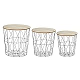 3er Set Beistelltisch modern Metall Korb mit Holzdeckel in 3 Größen S,M,L geflamt in Natur/schwarz Sofatisch Couchtisch Nachttisch