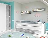 Dmora - Einzelbett-Bett Fairfield, Bettrahmen für Schlafzimmer, Einzelbett mit ausziehbarem Kinderbett und 2 Schubladen und passendem Regal, cm 199x96h65, Weiß und Zement