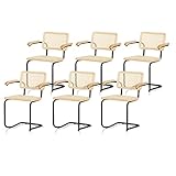 KHG 6er Set Schwingstühle Freischwinger mit Armlehnen schwarz - Rückenlehne und Sitzfläche aus Massivholz Buche und Rattan - Esszimmerstuhl, Küchenstuhl Design Stuhl mit Wiener Geflecht