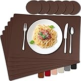 MAHEWA® 6er Set Premium Tischset Platzset aus Leder-Imitat rutschfest Ab-waschbar und Waschmaschinenfest Eckige Platzdeckchen Teller-Untersetzer Filzset Tisch-Matten Platz-Matten Walnuss