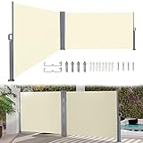 Herrselsam Doppel Seitenmarkise, 160x600cm Seitenmarkise Ausziehbar Sichtschutz Windschutz, Wandmarkise Seitenwandmarkise Gartensichtschutz, für Balkon Terrasse und Garten, Beige