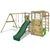 FATMOOSE Spielturm Klettergerüst ActionArena Air mit Schaukel & grüner Rutsche, Outdoor Kinder Kletterturm mit Leiter, Basketballkorb & Spiel-Zubehör für den Garten