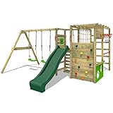 FATMOOSE Spielturm Klettergerüst ActionArena Air mit Schaukel & grüner Rutsche, Outdoor Kinder Kletterturm mit Leiter, Basketballkorb & Spiel-Zubehör für den Garten