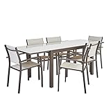 NATERIAL - Gartenmöbel Set für 6 Personen - Gartentisch LYRA 130/220x90cm- Ausziehtisch - 6er set Gartenstühle ORION BETA mit Armlehnen - Stapelbar - Sitzgruppe Balkon Möbel Set - Glas Aluminium Braun