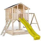 Stelzenhaus Tobi 710 - extra stabil und extra hoch - das Spielhaus mit Dachpappe, Podesthöhe 150 cm, Kletterwand, Sandkasten und Rutsche gelb