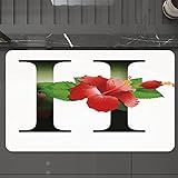 Badematte rutschfest waschbar Badvorleger,Buchstabe H, Hibiskus-Design, grüne Blätter, lebendige Farbe, Blumen, natürlicher Mus,weich Mikrofaser saugstark Badteppich für Badezimmer Badewanne, 40x60 cm