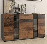 Furnix 3-türig Sideboard Sara mit LED - Kommode mit Glastüren und Schubladen - 140 x 80 x 40 cm - Highboard für Wohnzimmer Flur Schlafzimmer - Anrichte mit viel Stauraum - Matera-Oldwood