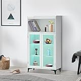 LEMROE Weißes Sideboard mit LED-Lichtern, moderne Vitrinen mit Glastüren und offenen Regalen, für Wohnzimmer, Küchenschränke, 70 cm breit (35 x 70 x 130 cm)