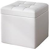 Cube Storage Ottomane mit Clamshell-Design, tragbarer quadratischer Fußhocker aus Stoff und Leder, Kleiner Ottoman-Fußhocker mit Wohnzimmer-Schlafzimmer, weißes Leder, 30 x 30 x 35 cm