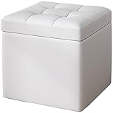 Cube Storage Ottomane mit Clamshell-Design, tragbarer quadratischer Fußhocker aus Stoff und Leder, Kleiner Ottoman-Fußhocker mit Wohnzimmer-Schlafzimmer, weißes Leder, 30 x 30 x 35 cm