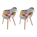 Qiyano Stuhl Patchwork 2er Set Polsterstuhl für Esszimmer Wohnzimmer Retro-Look Modern Sessel Stühle mit Armlehne Stoffbezug und Holzbeine, Farbe: Multi