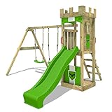 FATMOOSE Spielturm Ritterburg TreasureTower Top XXL mit Schaukel & apfelgrüner Rutsche, Outdoor Kinder Kletterturm mit Sandkasten Leiter & Spiel-Zubehör für den Garten