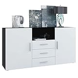 Vladon Sideboard Skadu, Kommode mit 2 Türen, 3 Schubladen und 1 offenem Fach, Schwarz matt/Weiß matt (139 x 72 x 35 cm)