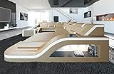 XXL Sofa Wohnlandschaft Palermo Ledersofa U Form - mit LED Beleuchtung, verstellbare Kopfstützen, Recamiere/Lederfarben wählbar/Ausrichtung wählbar (Ottomane rechts, Sandbeige-Weiß)