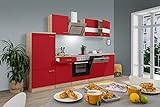 respekta Einbau Küche Küchenzeile 280 cm Eiche Sonoma Sägerau Front rot Ceran & Designer-Schräghaube