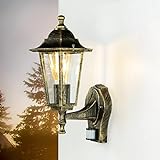Licht-Erlebnisse Außenwandleuchte mit Bewegungsmelder PARIS Glas Aluminium in Gold Antik IP44 E27 Rustikale Balkonlampe