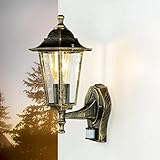 Licht-Erlebnisse Außenwandleuchte mit Bewegungsmelder PARIS Glas Aluminium in Gold Antik IP44 E27 Rustikale Balkonlampe