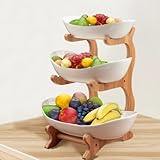 BreeRainz Obst Etagere 3 Etagen,Keramik Obstkorb Etagere mit Bambus Steher,Modern Obstschale für Desserts,Gemüse (Weiß)