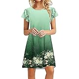 Eauptffy Damen Sommerkleid Shirtkleid Chiffon Kurzarm A Linie Minikleid Sommer Casual Rüschen Kurzarm Rundhals Kleid Lockeres Kleid Brautjungfernkleider Strapse Tank Kleid Quastenrock Böhmisch Kleid