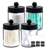 BIKALAN Glas Wattestäbchen Behälter, Schminktisch Badezimmer Organizer Set mit Matt-Schwarz Edelstahldeckeln, Wattepadspender Make up Organizer für Wattestäbchen, Wattepads, Zahnseidepicks
