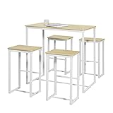 SoBuy OGT15-WN 5-teilig Bartisch mit Stühlen Esstisch Stehtisch Bistrotisch mit 4 Barhocker Sitzgruppe weiß-Natur