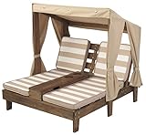 KidKraft Outdoor Doppelliege mit Dach aus Holz für Kinder, Gartenliege für 2 Personen, Sonnenliege mit Kissen Weiß Beige gestreift, Gartenmöbel für Kinder, 00524