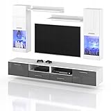 VBChome Modern Wohnwand Weiß - Grau Hochglanz Anbauwand Schrankwand mit Led Beleuchtung Schrankwand Wohnzimmer Hängende Komplett-Set TV Lowboard Vitrine Hängeregal