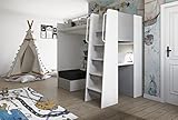 Marlux-Meble Hochbett JSM-7 90x200 TREPPE RECHTS mit Schreibtisch Schränke und Ausklappbares Sofa 70x180 Hochglanz Funktionsbett Etagenbett Stockbett Kinderhochbett Jugendhochbett (Hellgrau Glanz)