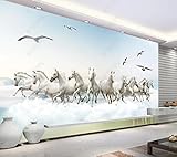 Fototapete 3D Effekt Tapete Himmel Weiße Wolken Weiße Pferdeherde Tapeten Vliestapete Wohnzimmer Wandbilder Wanddeko 400cmx280cm